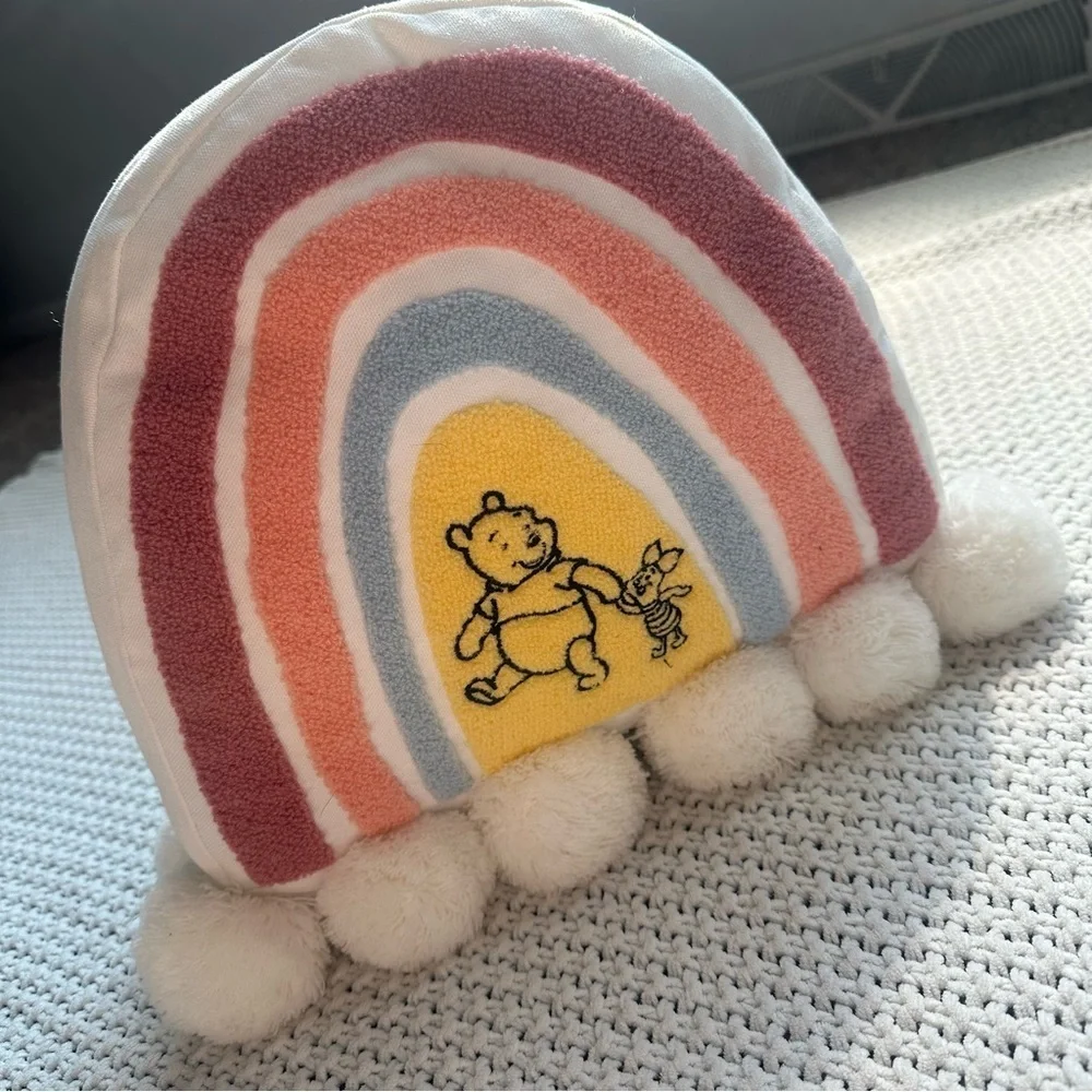 Disney Winnie The Pooh Bear Rainbow Cloud Pillow “A Snuggly Sort Of Day” Pom Pom